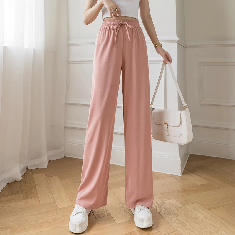 

Slacks Women's Loose Summer Pants Soft Lce Silk Long Length Black Wide Leg Thin Pants Women High Waisted Trousers Pink Black