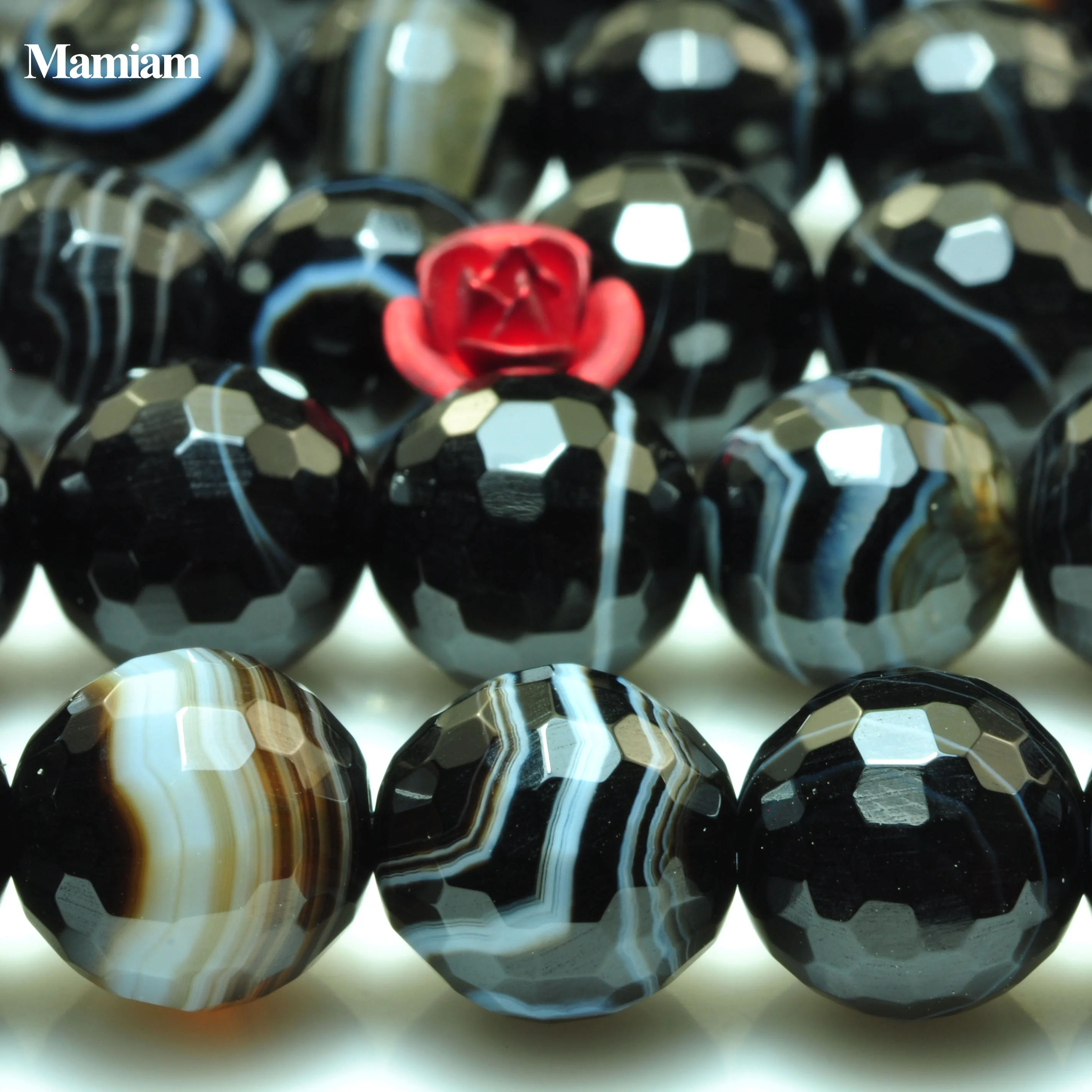 Mamiam Natural A Black Stripe Onyx Eye Agate Faceted Round Beads Smooth Loose Stone Diy Bracelet Necklace Jewelry Making Design