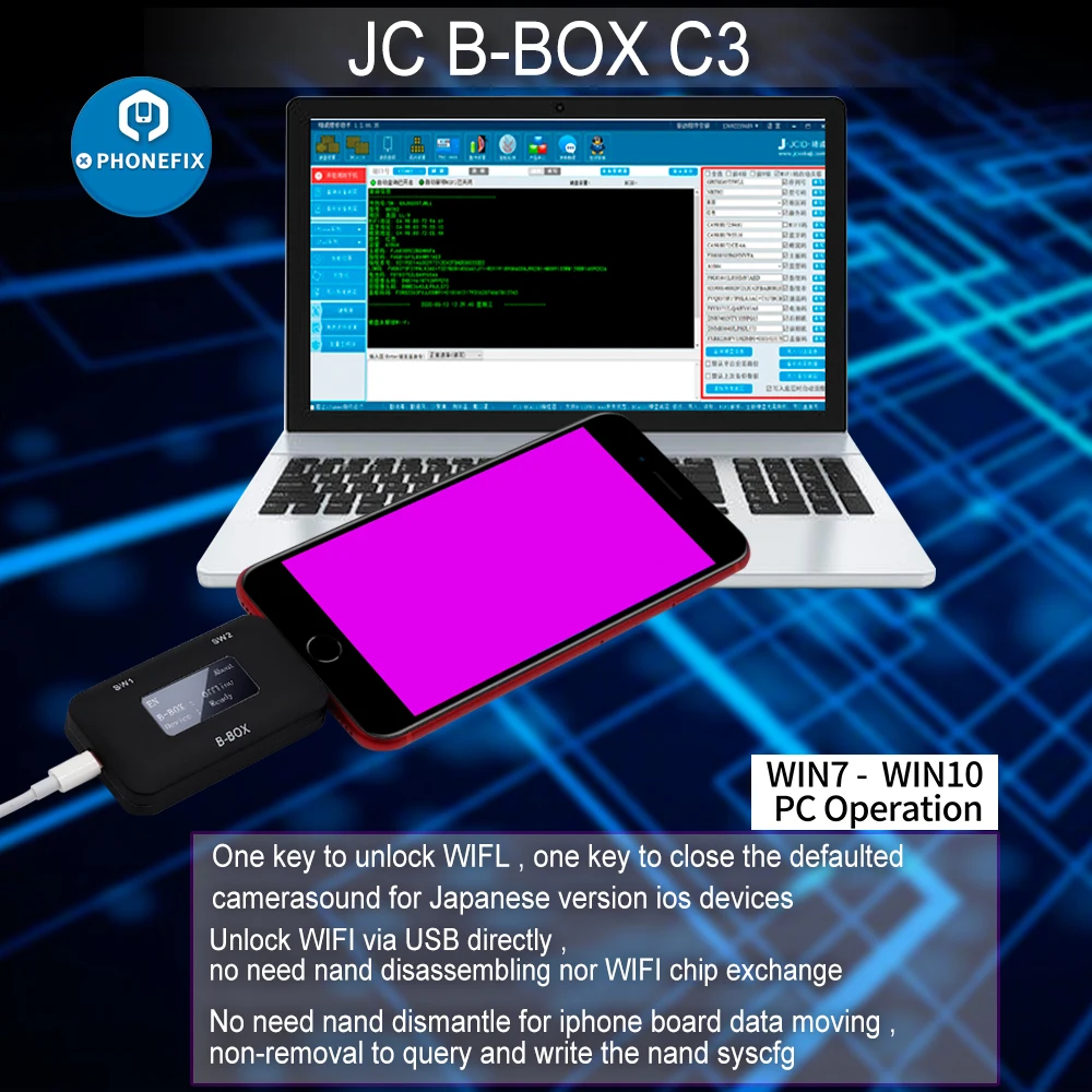 JC B-BOX C3 DFU One Key to Purple for IOS A7-A11 for iPhone & iPad Unlock WIFI Modify NAND Syscfg Data Same as Window DCSD Cable
