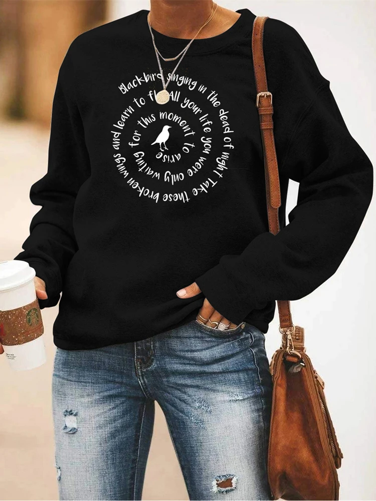 

Women Casual Sweatshirt Blackbird Singing In The Dead of Night Crewneck Sweatshirts Music Fans Gift Women Vintage Hoodies