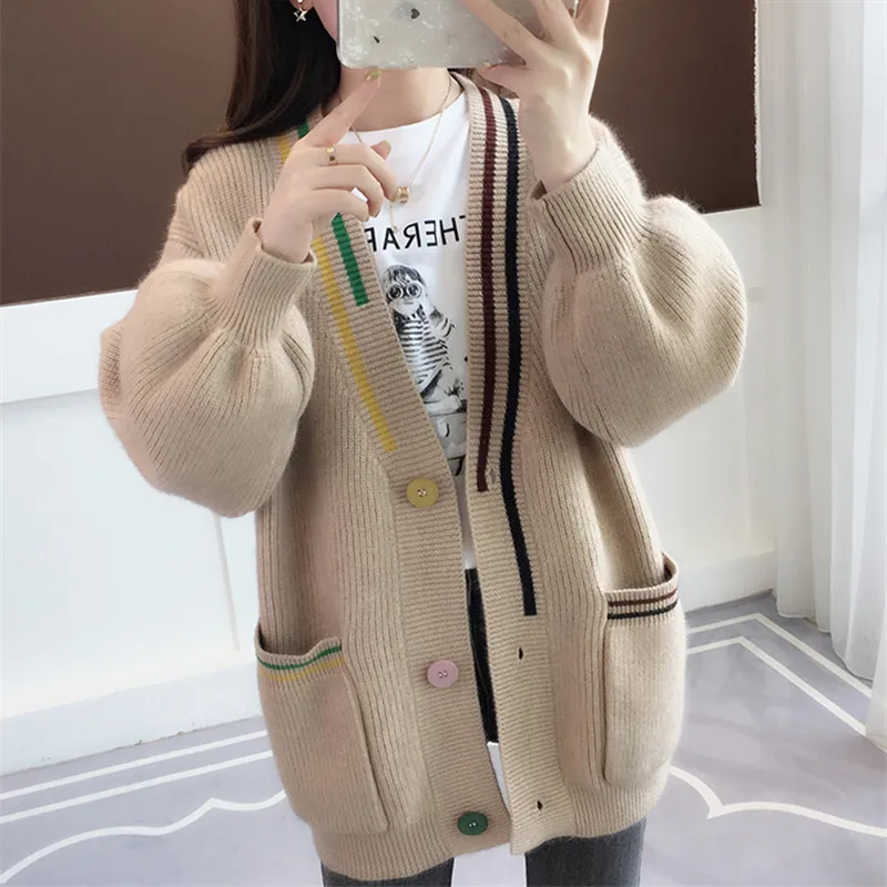 

Fashion Patchwork V-Neck Lantern Sleeve Knitting Sweater Women Tops Autumn 5 Color Big Pocket Mid Length Knitted Cardigan Female