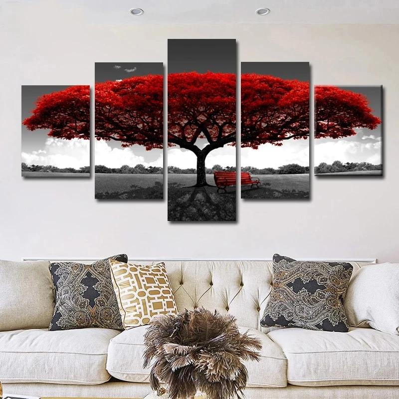 

5 Pieces Wall Art Abstract Red Tree Poster Painting Decoration Living Room Bedroom Artwork Picture Print Modern Modular Mural