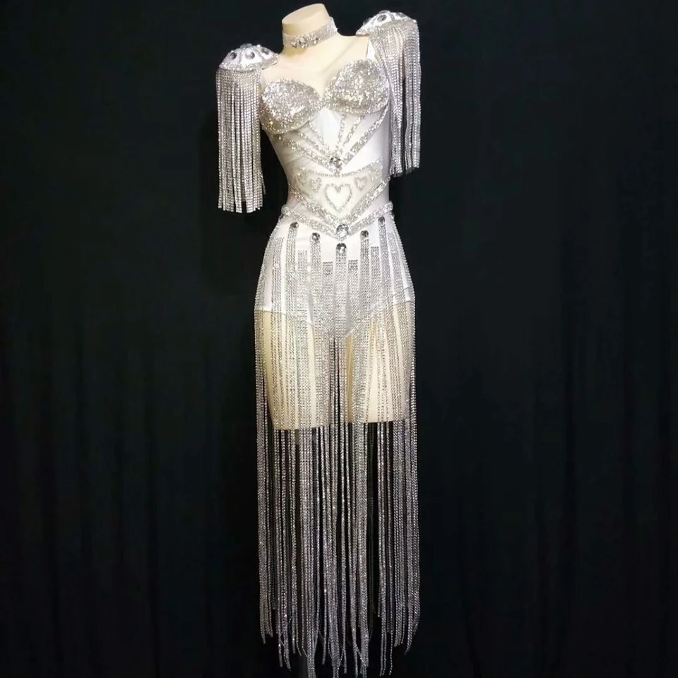 Bright Silver Fringes Rhinestones เซ็กซี่หรูหรา Leotard ชุดผู้หญิงวันเกิด PARTY Jumpsuit SINGER Dance เครื่องแต่งกาย