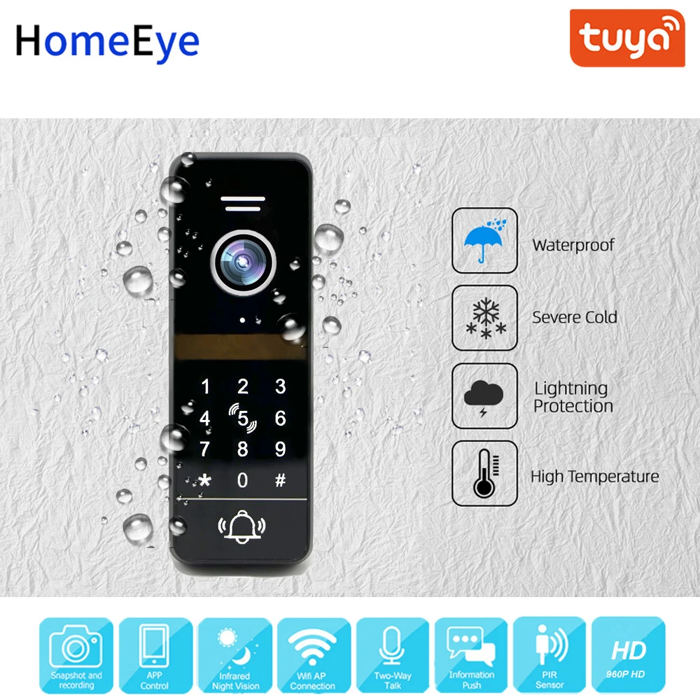 Tuya App Remote Control WiFi IP Video Door Phone Video Intercom 960P Home Access Control System Keypad+IC Card Motion Detection