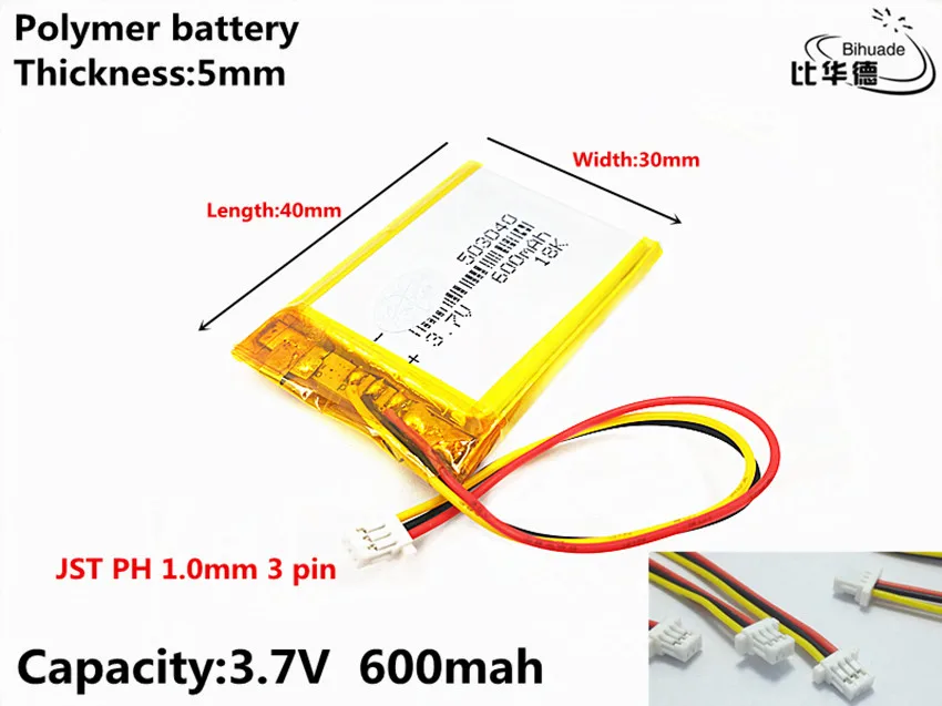 JST PH 1.0mm 3 pin 3.7 V, 600mAH 503040, polimerowa bateria litowo-jonowa/akumulator litowo-jonowy do tablet pc BANK, GPS, mp3, mp4