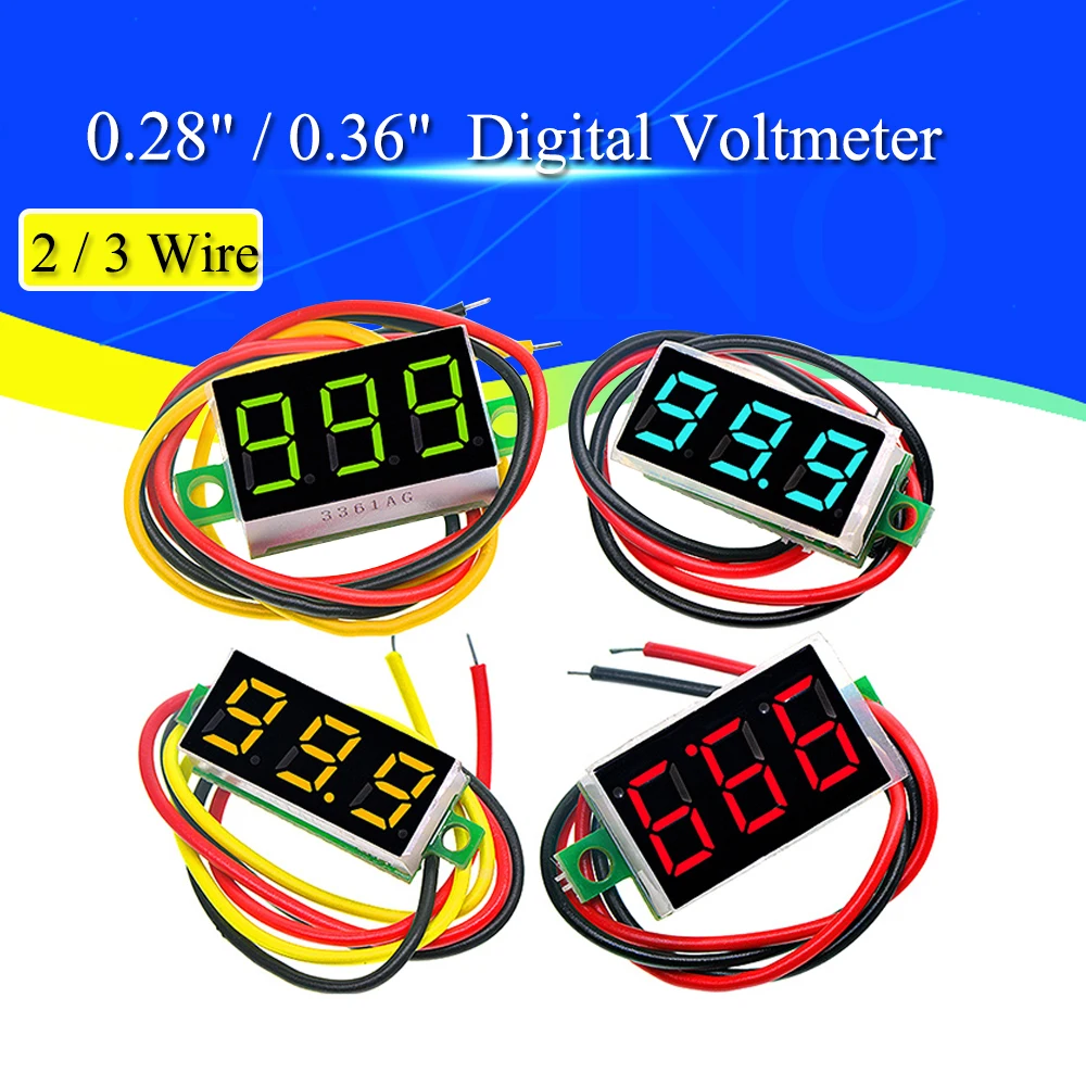 Voltímetro Digital LED DC de 0,28/0,36 pulgadas, medidor de voltaje de 0-100V, Detector de voltaje de energía móvil para coche, 12V, rojo, verde, azul
