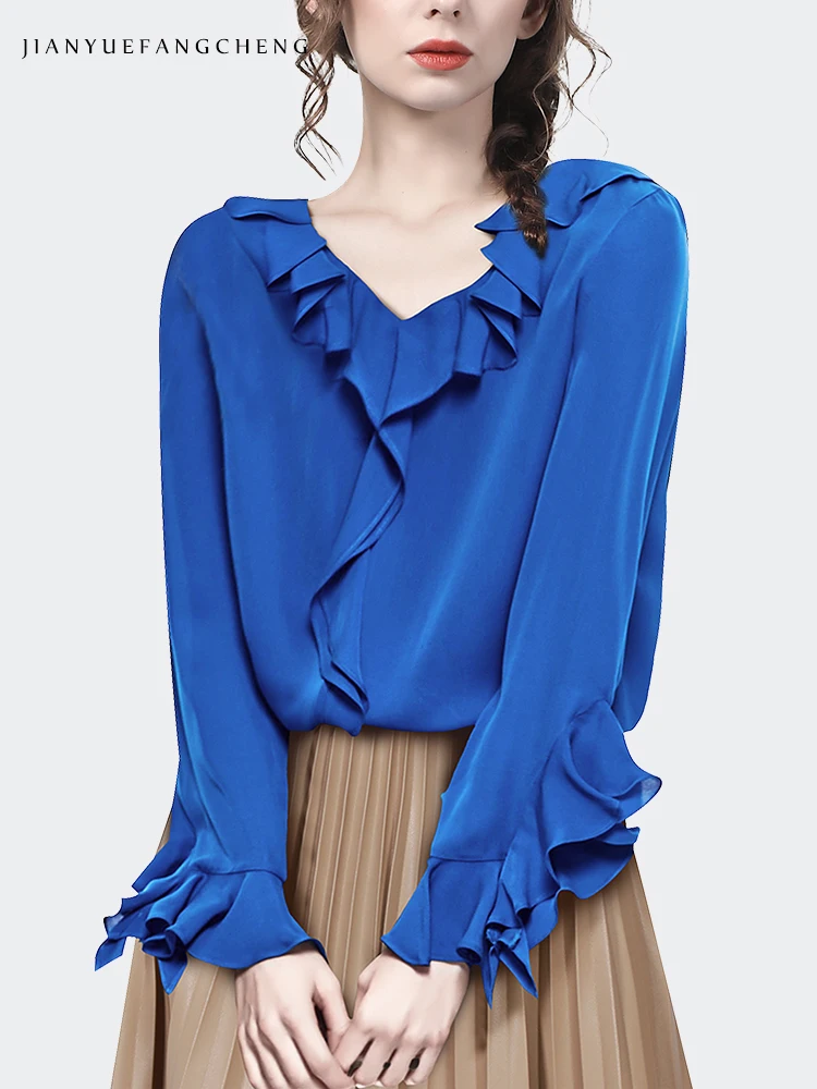 Fashion Butterfly Sleeve V-Neck Women\' Blue Ruffles Shirt Loose Plus Size Spring Summer Tops Soft Cozy Casual Working Blouses