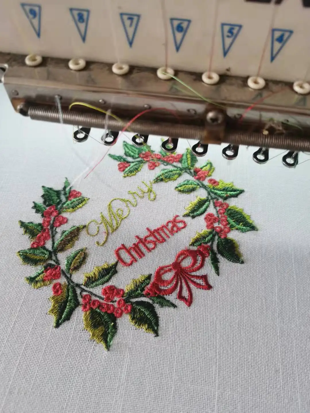 Christmas Monogram Embroidery Napkin, Placemat, Hemstitch, Cotton+Linen, Table Decoration, Holly Berries Monogram / Merry Christ