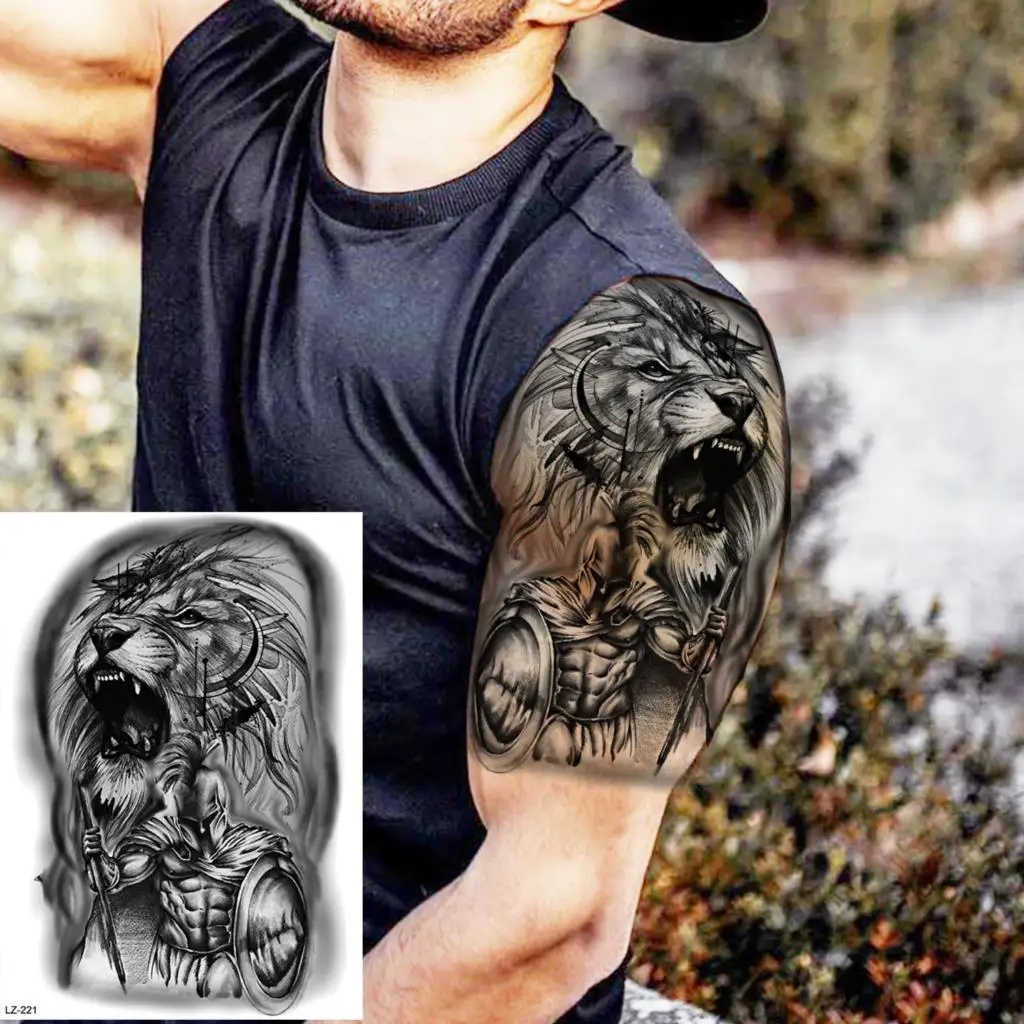 Black Spartan Temporary Tattoos For Men Boys Lion Knight Wolf Skull Compass Tiger Fake Tattoo Sticker Arm Leg Tatoos Waterproof