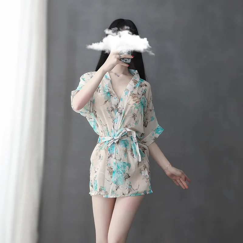 

2022 New Japanese Chiffon Kimono Sexy Floral Robes Fashion Transparent Chiffon Floral Printed Nightdress Bathrobe Nightgown