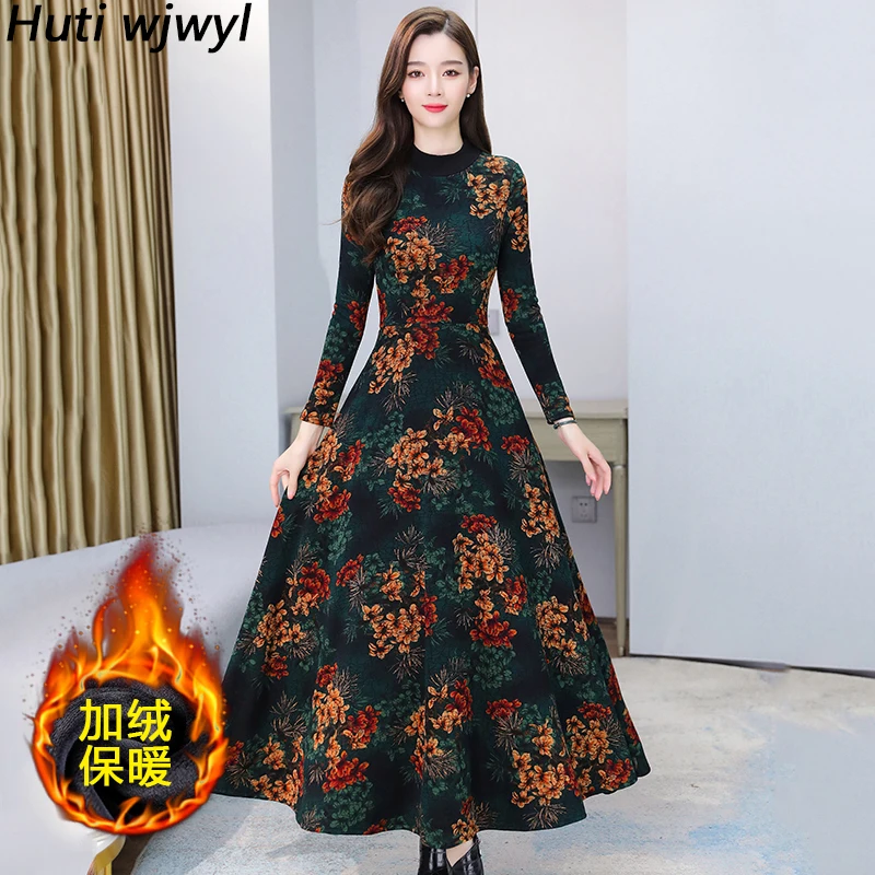 

2023 Korean Vintage Casual Midi Dress Autumn Winter Elegant Bodycon Office Lady Dress Women Floral Chic Velvet Warm Maxi Vestido