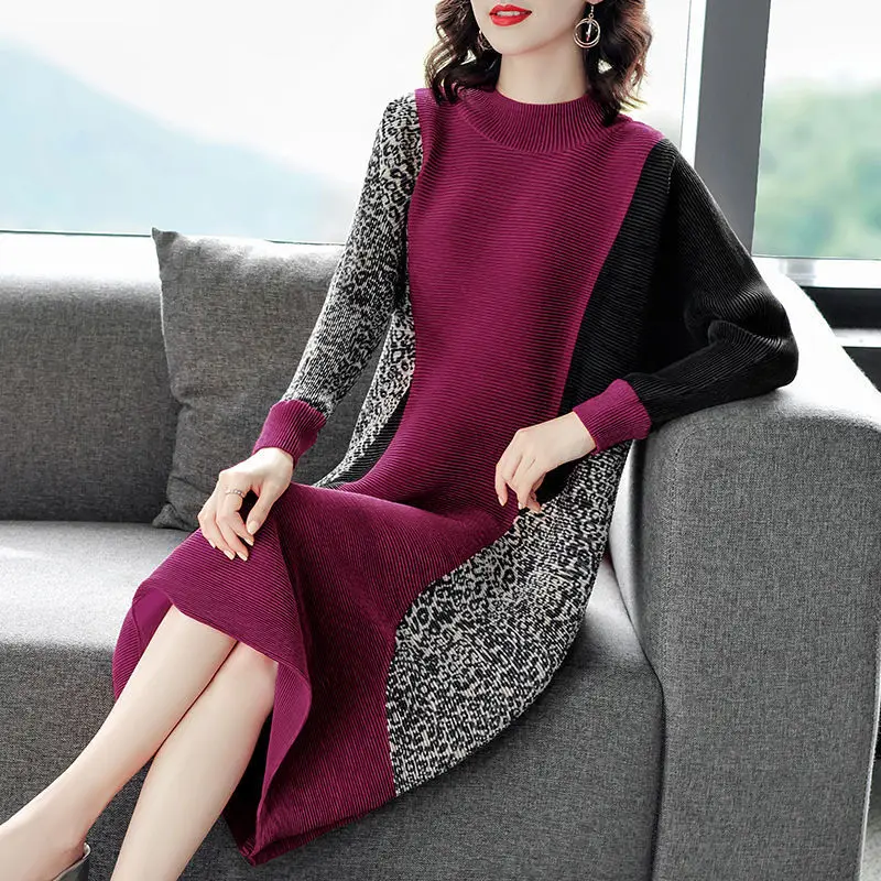 Suéter largo de punto para mujer, vestido holgado de gran tamaño, de leopardo, rojo, azul y morado, 2022