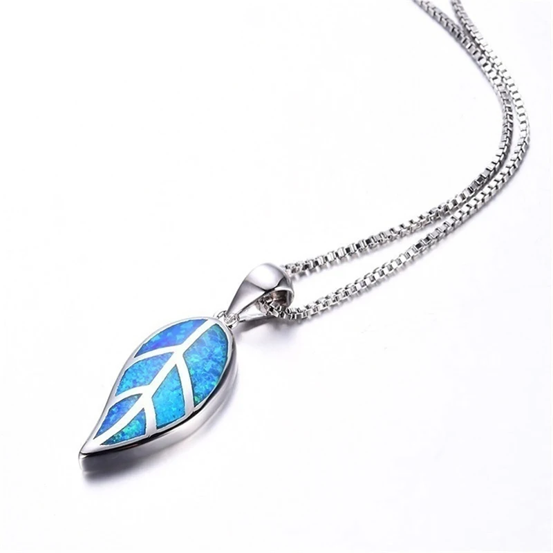 Fashion Leaves Design Jewelry Set Blue Imitation Fire Opal Pendant Necklace With Earrings For Women Accessories Party Loves Gift