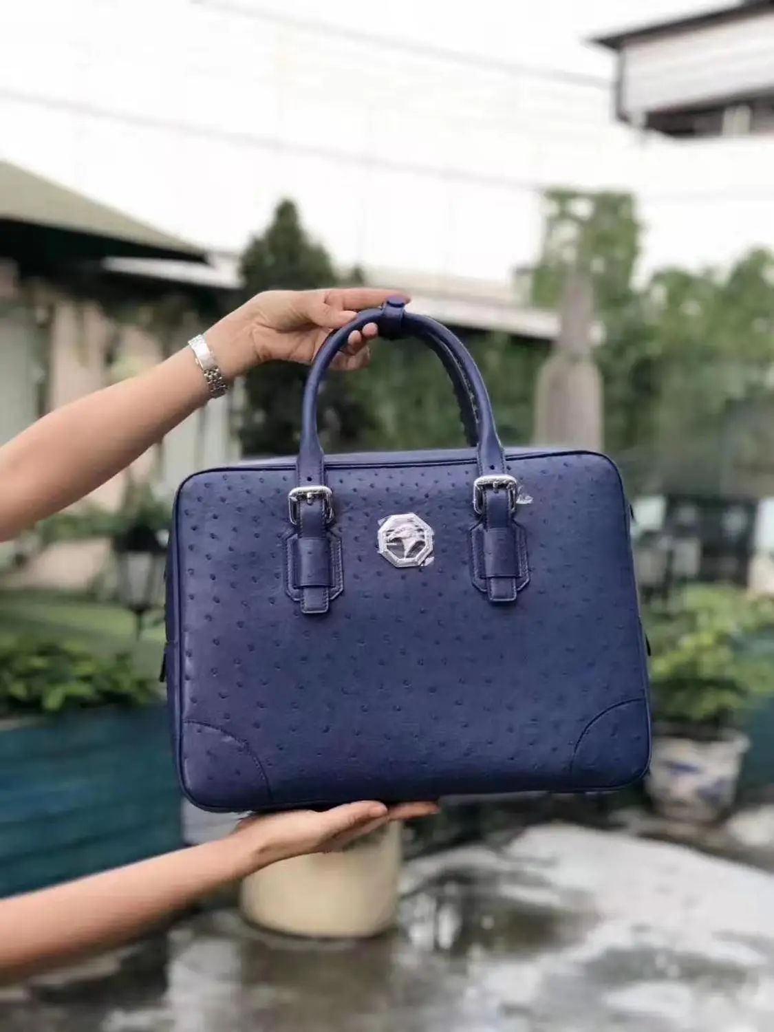 Luxe Kwaliteit High-End Echte Echte Struisvogelhuid Mannen Zakelijke Aktetas Laptoptas Tas Zwarte Koffie Bruine Koe Huid Voering