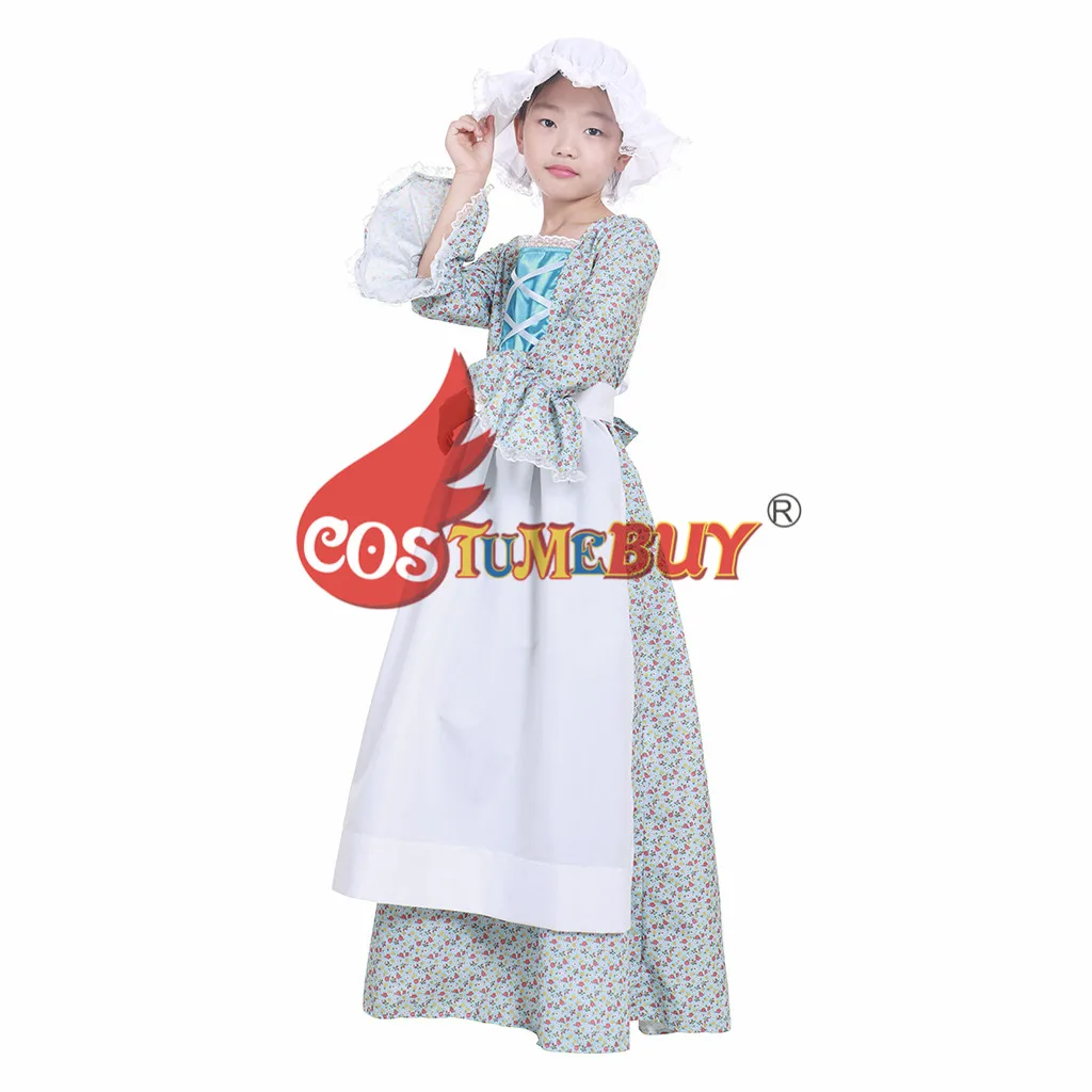 Costumebuy Reenactment Pioneer Prairie Colonial Maid Girls Kids Costume Carnival Victorian Medieval Cosplay Child Dress with Hat