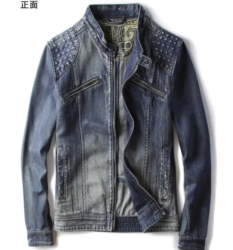 

Mens Fall Winter Motorcycle Retro Denim Jean Jacket Stand Collar Zipper Packet Coat Outwear