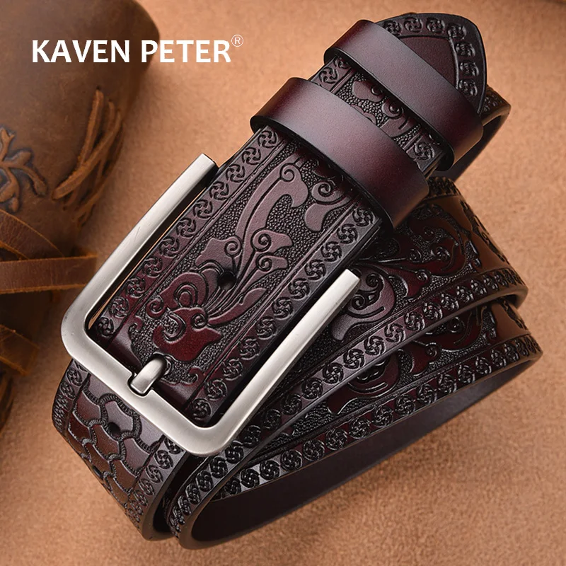 Male Print Leather Belt Floral Strap For Men 4.0 CM Black Vintage Embossing Genuine Cowskin Belt Designer Jeans High Quality