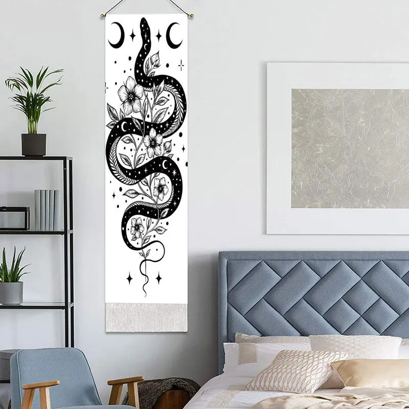 Rectangular Bohemia Wall Hanging Snake Tassel Tapestry Black Moon Wall Background Blanket Home Bedroom Office Wall Decoration