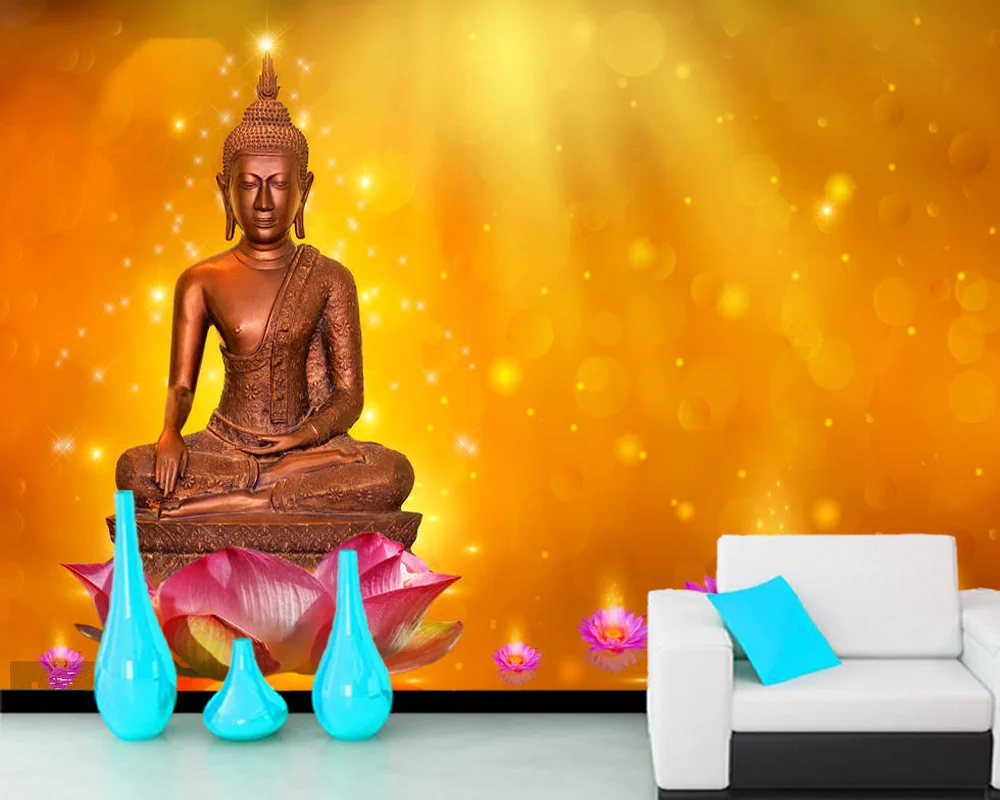 Buddha statue water lotus orange background 3d wallpaper papel de parede,living room bedroom wall papers home decor mural