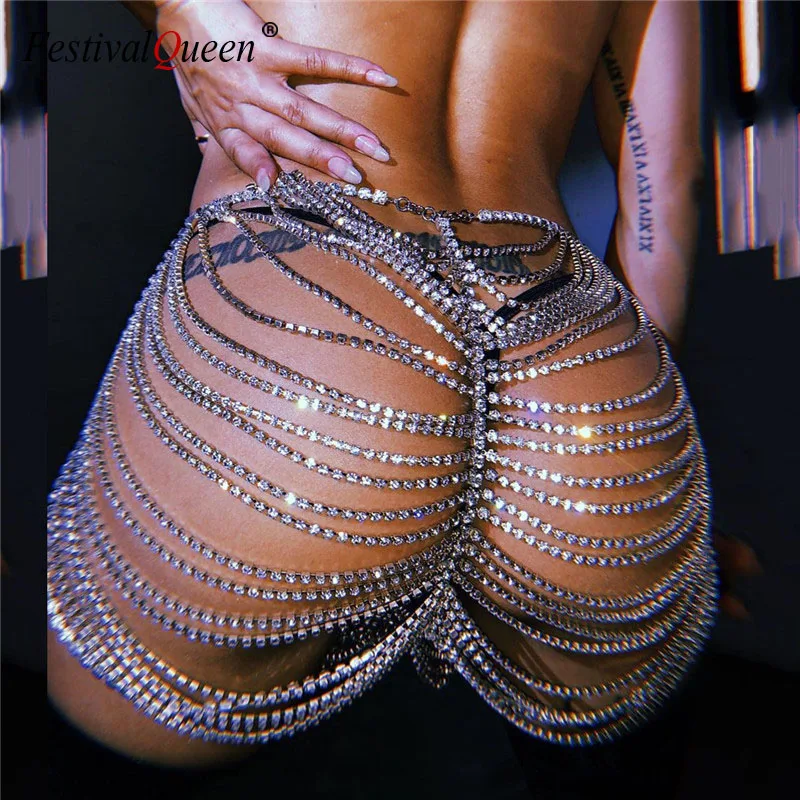 FestivalQueen Women\'s Shiny Crystal Body Chain Package Hip Skirt Handmade Rhinestones Sexy Party Nightclub Shorts Outfit Summer