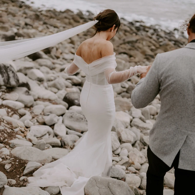 Vestido de novia plisado de sirena, largo, transparente, de tul, sin hombros, con cremallera, corte bajo, sencillo, para playa, Micro vestido de boda, 2021