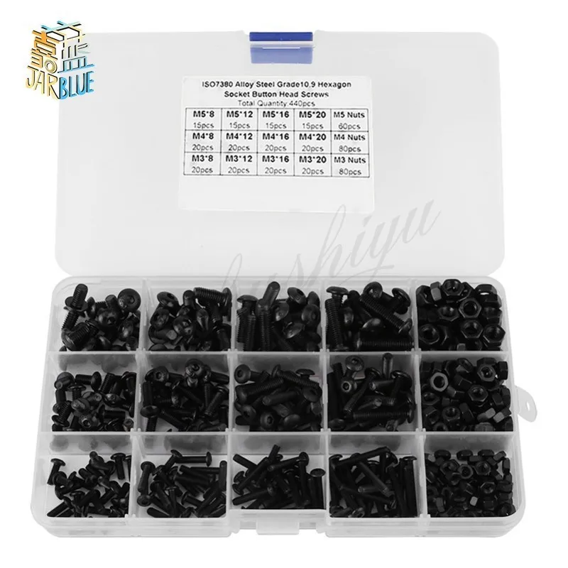 

440pcs/set M3 M4 M5 Alloy Steel Hex Socket Button Head Screws Bolts Nuts Assortment Kit Fasteners Hardware Black with Box