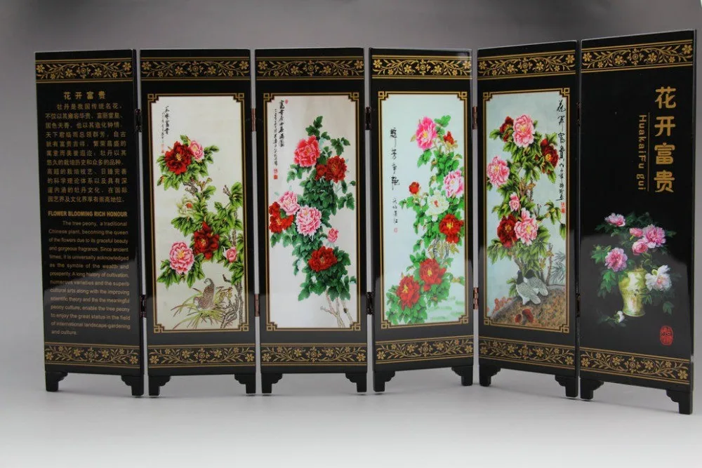 Chinese woodcarving screen, lacquer peony flower calligraphy and painting, decorative crafts