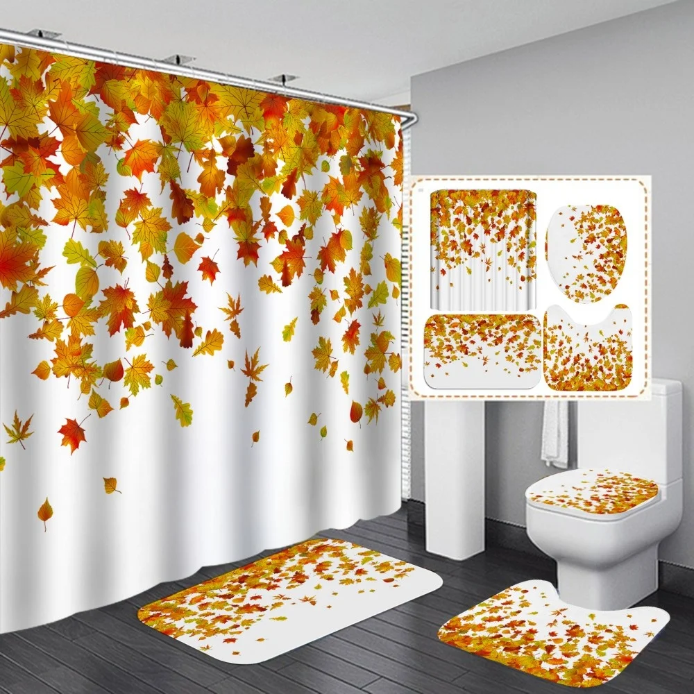 Cartoon Plant Leaf Shower Curtain Pastrol Ins With Non Slip Rug Mat Bathroom Curtain Waterproof Polyester Home Decor 180x180