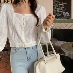 New 2022 Summer Autunm Women's Blouse Casual Sweet Fashionable Square Collar Elegant Vintage Shirt Wild Lady Short Tops BL9239