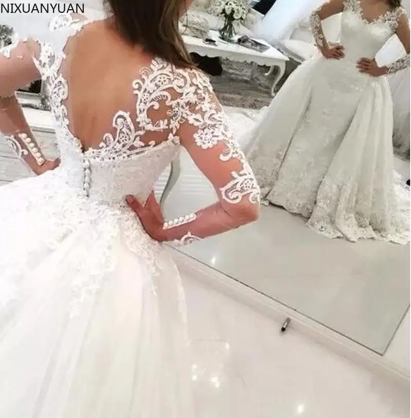 Vestido De Noiva Spitze Meerjungfrau Hochzeit Kleid mit Abnehmbaren Rock Backless Lange Hülse Braut Hochzeit Kleider