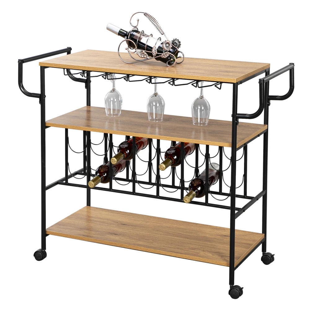 Industrial Wine Rack Cart Kitchen Rolling Storage Bar Wood Table Serving Trolley Bar Serving Cart  Dining Cart