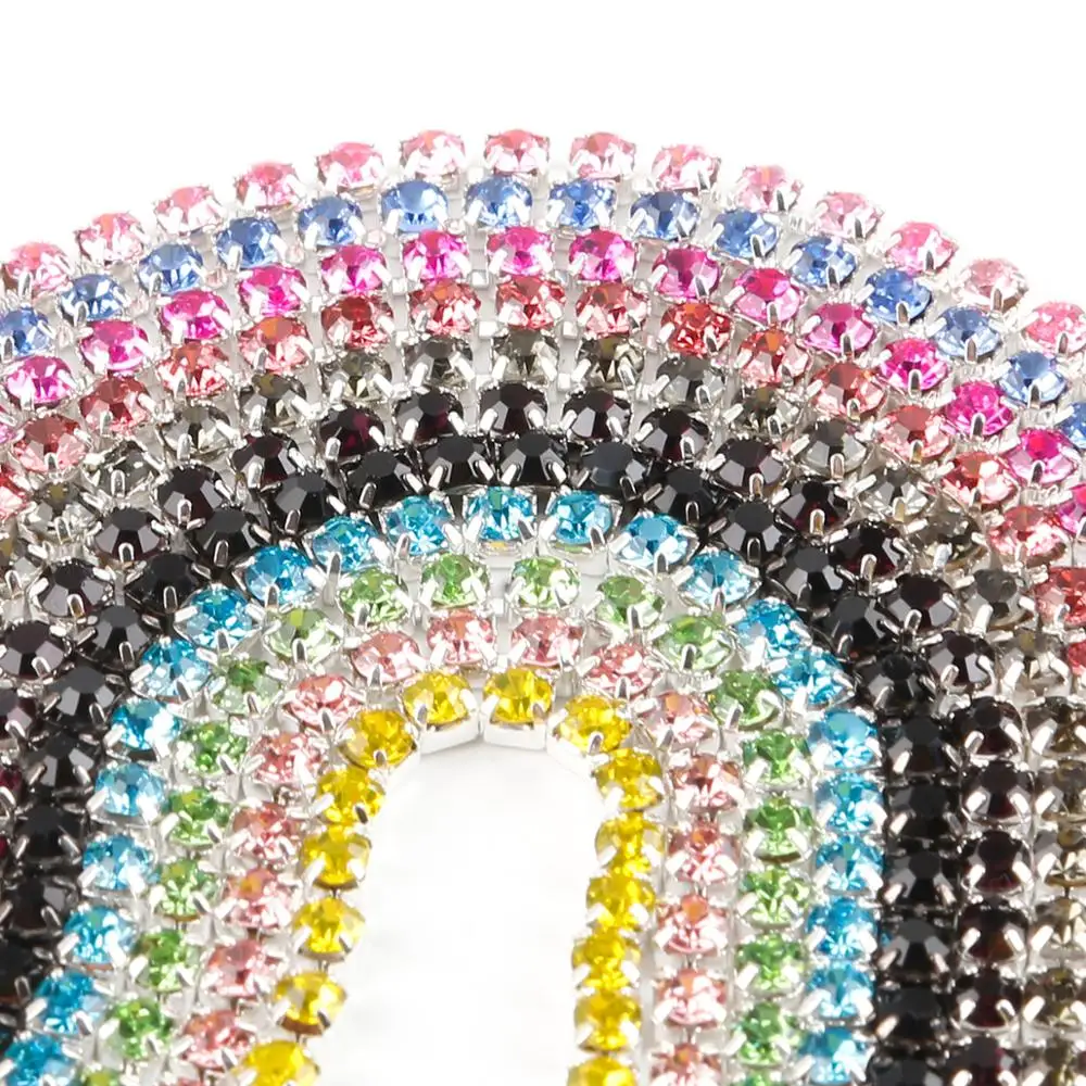 Hot Sale 1M Sewing Crystal Rhinestone Chain SS6 SS8 SS10 SS12 Silver Base Claw Gule on Rhinestone Trim DIY Beauty Accessories