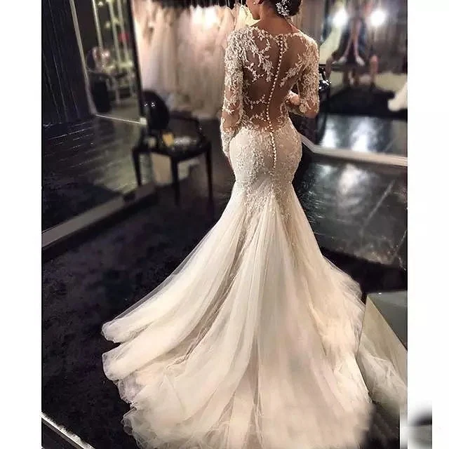 2021 MYYBLE Appliques maniche lunghe con paillettes luminose pizzo ricamato su rete Illsuion sirena abiti da sposa bottone Tulle treno