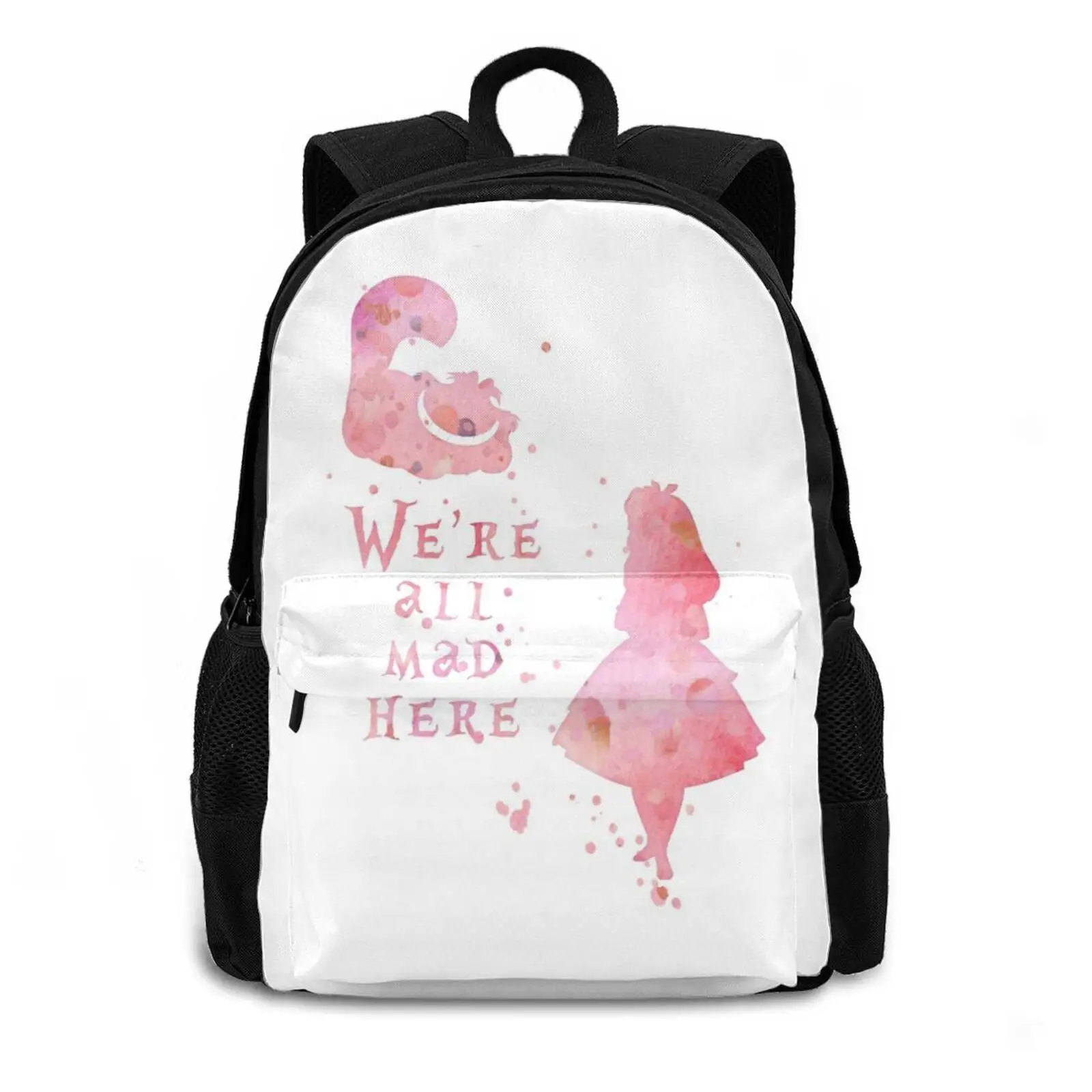 Watercolor Pink We're All Mad Here Teen College Student Backpack Laptop Travel Bags Were All Mad Here Through The Looking Glass