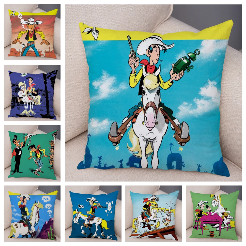 Lucky Luke Pillowcase Decor Cartoon Anime Print Pillow Case Soft Plush Cushion Cover for Sofa Home Children Room Car 45x45cm