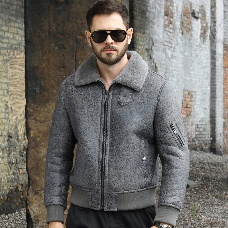 Denny&Dora New Mens B3 Shearling Coat Bomber Jacket Grey Fur Coat Mens Winter Coats Genuine Leather Jacket Short Sheepskin Coat