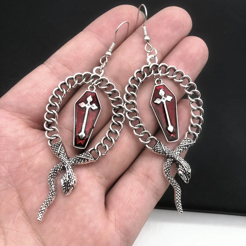 

Gothic Dark Punk Snake Winding Cross Coffin Blood Drop Oil Snake Pendant Earrings 2000s Aesthetic Accessories Egirl Jewelry