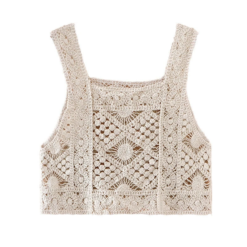 Women Vintage Crochet Camisole Bohemian Hollow Out Geometry Floral Knitted Vest Slim Sleeveless Crop Top Beachwear