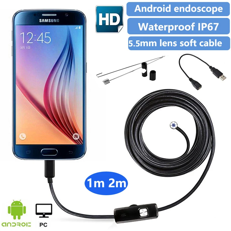 

5.5mm HD endoscope 1m/2m/5m IP67 waterproof support OTG&UVC smart phone cord Mini USB endoscope suitable for automobile pipeline