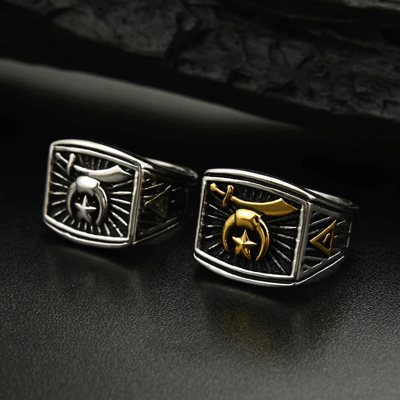Valily Jewelry Mens Ring Gold Star Moon Sword Islam Ring for Men Stainless Steel Fashion Finger Band Ring Arab Allah Crescent