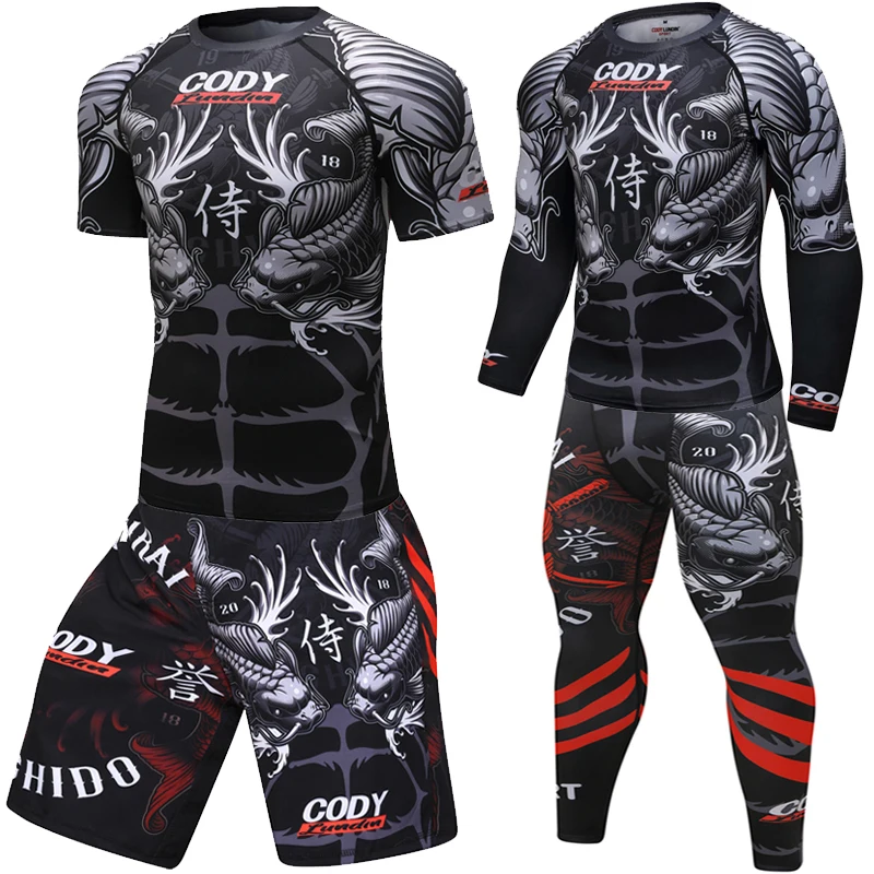 

MMA Rashguard Muay Thai Boxing Jerseys Sets Sublimated Bright Print Carp Pants T Shirt Boxeo BJJ JiuJitsu Rash Guard Fightwear