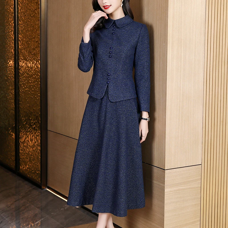 New Autumn Winter Blue Fashion Woolen 2 Piece Set Vintage Women Lapel Single-Breasted Short Jacket Coat + High Waist Skirt Suits