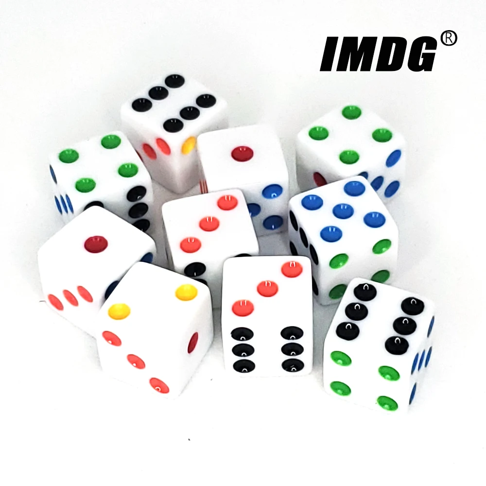 Dados acrílicos blancos de 16mm, cubos de esquina cuadrados con puntos de colores, KTV, Bar, juegos de azar, Casino, 10 unids/lote por paquete