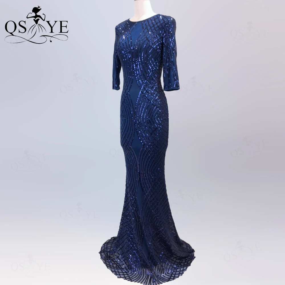 Vestido de noche azul marino con lentejuelas para mujer, Vestido Formal elegante con cuello alto y mangas largas, cola de pez, corte azul