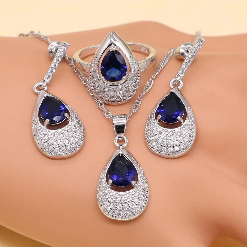 Blue Zircon Costume Silver  Jewelry Sets Women Earrings With Stones Bracelets Necklace Pendant Rings Set Jewelry Gift Box