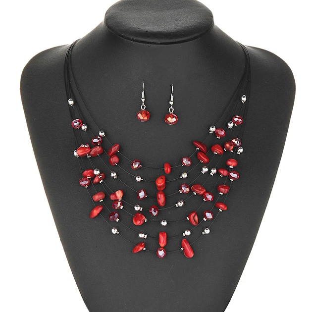 Fashion Jewelry Sets Bohemian Broken Stone Crystal Multi-layer Necklace and Earrings Set For Women Simple Boho Beach Accessories