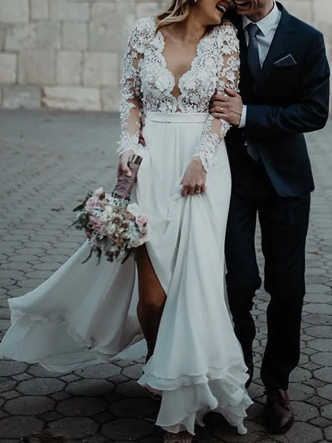 

New Long Sleeves See Through Neck Appliqued Lace Wedding Dresses 2025 A-line Train Illusion Bridal Gown White Ivory Beach