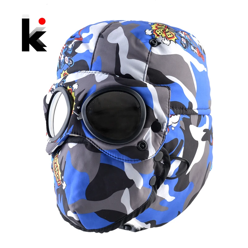 Winter Bomber Hats Boys Girls Warm Outdoor Thick Hats With EarFlaps Kids Windshield Trapper Masks Hat Children Russian Snow Hat