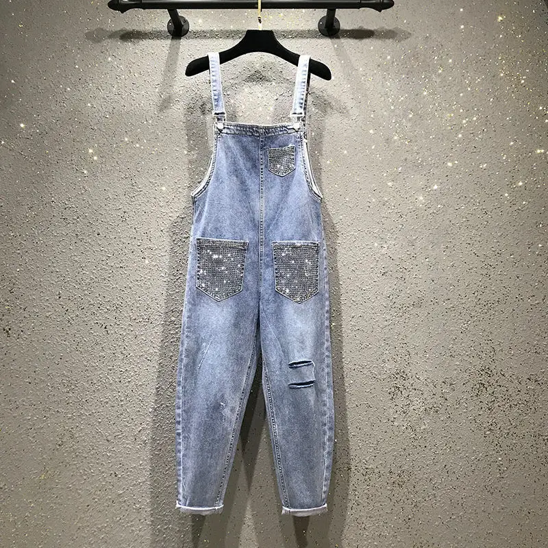 

Ladies Hot Rhinestone Denim Overalls Amoi Loose Thinning Hole Nine Points Harlan Wide Leg Jumpsuit Mom Jeans Cargo Pants Women