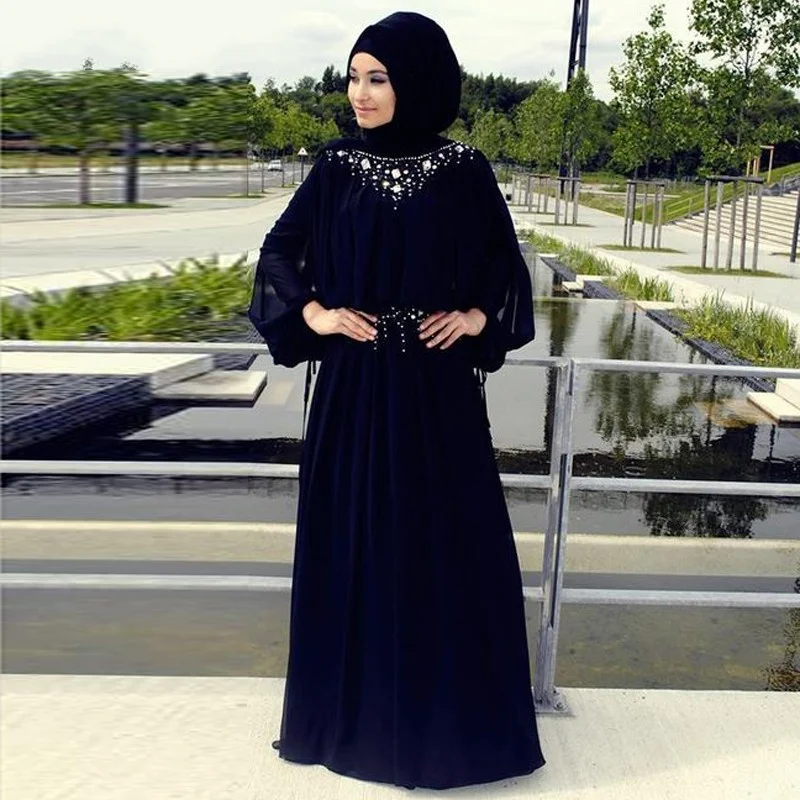 Gaun Dubai Gaun Formal Prom Manik-manik A-Line Sifon Malam Muslim Lengan Panjang Abaya Fashion Gaun Acara Khusus Dibuat Sesuai Pesanan